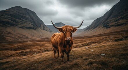 Majestic Highland cow stands in a valley with dramatic mountain backdrop