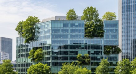Modern office building with green roof and trees integrated into the design