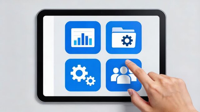 Hand touching tablet touchscreen with finger tapping app icon settings and dashboard showing charts folder users modern interface