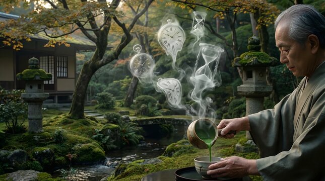 Chronos Brew: Traditional Japanese Tea Ceremony with surreal Steam Forming Clocks and Hourglasses
