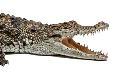 Open-mouthed crocodile isolated against a white background, showing teeth