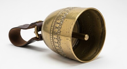 Ornate bronze bell with leather strap, isolated on white background