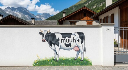 Mural of a cow on a white wall in front of mountains