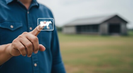 Person touching a digital cow icon in front of a barn