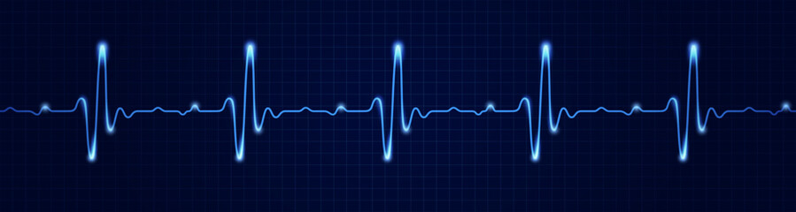 Vector illustration of realistic glowing pulse line representing heartbeat and heart rate. Luminous cardiogram waveform symbolizing medical monitoring and modern healthcare technology