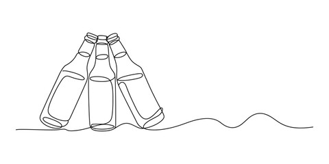 Continuous line drawing of three beer bottles on a white background, minimalist art style © Badhon_Designer