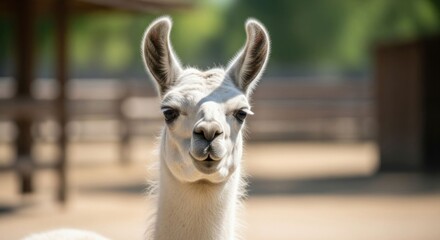 Obraz premium Portrait of a curious, light-colored llama facing the camera outdoors
