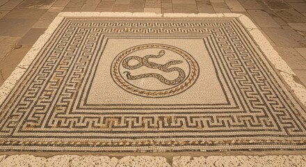 Ornate mosaic floor with a central coiled serpent design and geometric borders