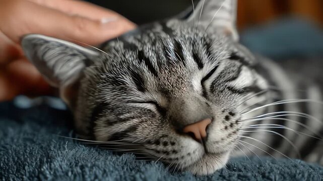 Gray tabby cat being petted gently.
