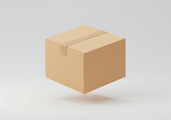 A brown cardboard box with sealed packing tape floating in the air