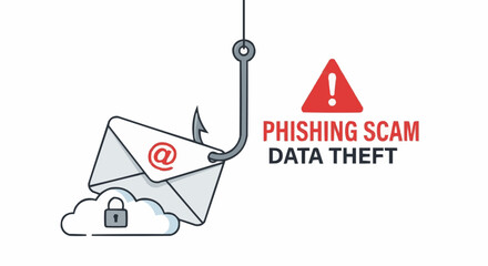 Phishing scam concept with fishing hook holding email envelope bait vector illustration.