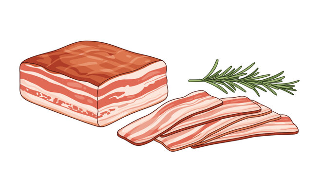 thick piece of smoked pork bacon is displayed next to sliced pieces and a fresh sprig of rosemary for seasoning.