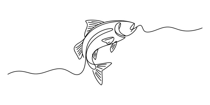 Continuous single line art illustration of a jumping fish on a white background