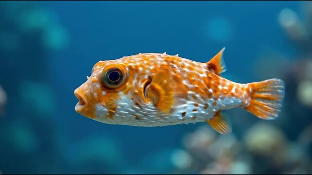 Orange and white spotted pufferfish swimming underwater in tropical blue ocean with coral reef background