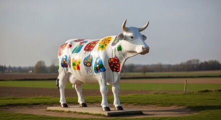 Sculpted cow with colorful designs stands in a field, sunny day