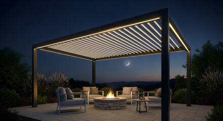 Obraz premium Cozy outdoor patio with modern furniture and fire pit under starry night sky