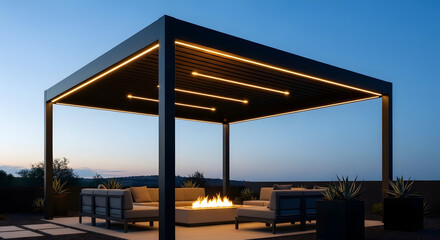 Obraz premium Modern outdoor lounge with fire pit under illuminated pergola at dusk