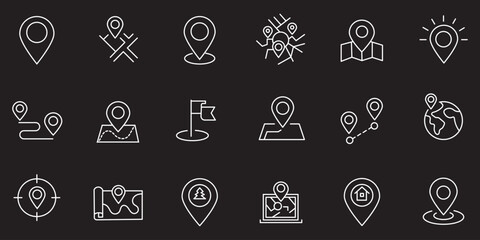 Fototapeta premium Minimal location pin outline icon vector set with modern map pointer navigation symbols