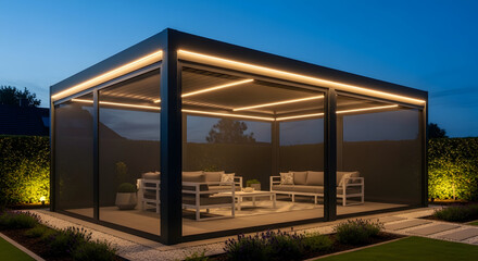 Fototapeta premium Modern outdoor living space with illuminated glass pavilion at dusk