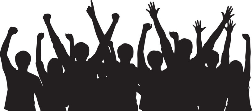 Crowd of people silhouettes with raised hands vector illustration, cheering or protest