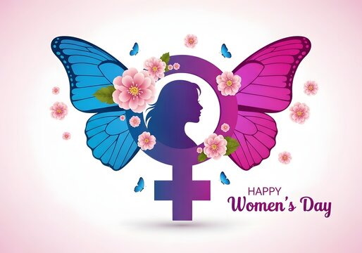 A vibrant illustration celebrating Women's Day with flowers and butterflies