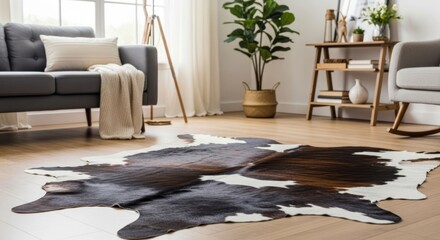 Stylish living room with animal hide rug, plants, sofa, and comfortable furnishings