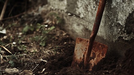 Rustic shovel against weathered wall evokes forgotten stories and labor