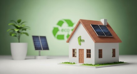 Tiny house with solar panels, plant, and recycling symbol on a green backdrop