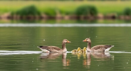 Two geese and goslings swimming in a calm lake