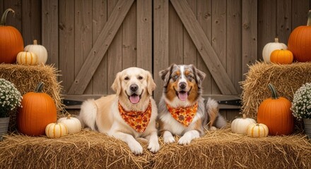 Two dogs smiling, lying on hay bales in front of a barn with pumpkins