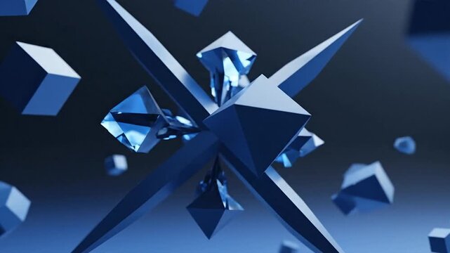 Geometric shapes exploding outward from a central crystal cluster in a dark blue environment, captured from a close-up viewpoint