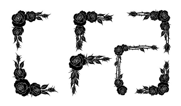 Gothic Rose Corner Silhouette Ornament Vector Set