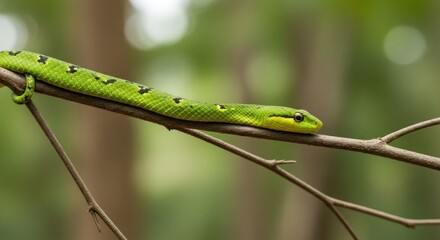 Vivid green snake with black markings perched on a slender branch