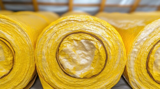 Large rolls of sturdy yellow insulating material showing a textured surface in a storage environment