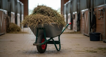 Wheelbarrow overflowing with hay inside a stable