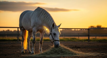 White horse grazing on hay in an outdoor paddock at sunset