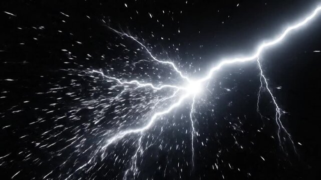  Dark black background with white lightning and thunder. Lightning forms the background in a realistic manner. A powerful charge causes many sparks light