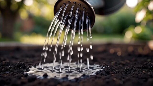 Close up of water streams pouring from a metal watering can nozzle onto dark fertile soil in a garden during sunset