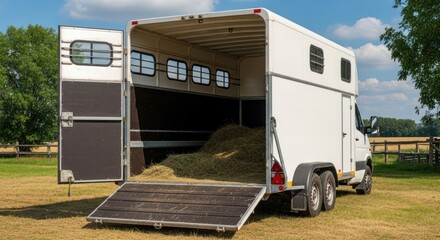 White horse trailer with open door, hay inside, on grass field
