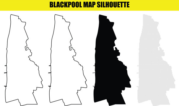Blackpool map silhouette vector set including thin line and solid black filled shapes for lancashire seaside town study