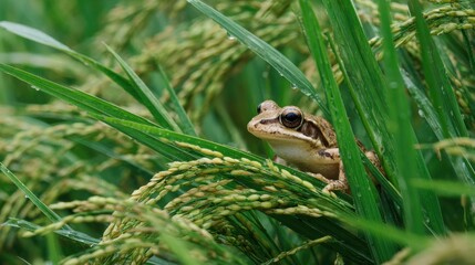 Obraz premium Frog in Green Grassy Landscape Surrounded by Lush Rice Plants