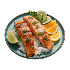 Glazed Teriyaki Salmon Fillets Served over White Rice with Lime
