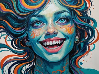 Psychedelic portrait teal eyes swirling hair twisting joyful teeth Acrylic Painting