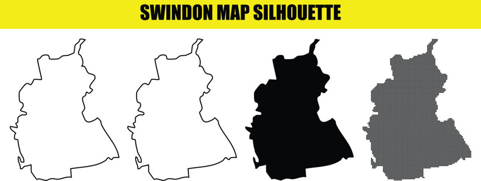 Swindon map silhouette vector illustration with various styles including outline solid black and pixelated dot pattern