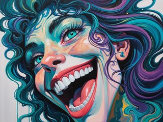 Psychedelic side angle teal eyes swirling hair exaggerated joyful grin Acrylic Painting