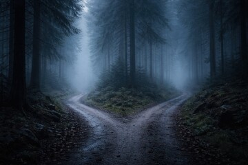 Obraz premium Pathway Splits in Dense Forest With Fog and Tall Trees During Evening Hours