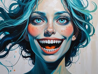 Whimsical front portrait aqua eyes flowing hair oversized joyful teeth Acrylic Painting