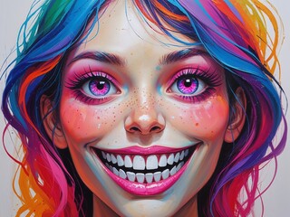 Whimsical portrait fuchsia eyes multicolor hair playful grin abstract teeth Acrylic Painting