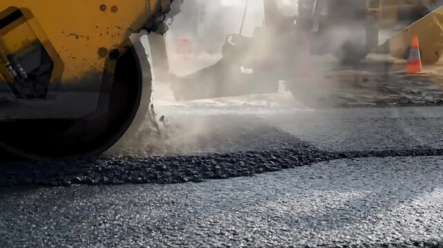 Asphalt Road Roller Compacting Fresh Pavement, Construction Site