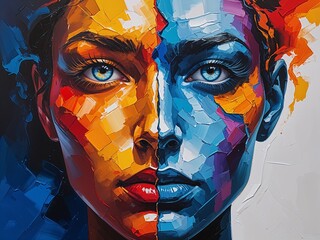 Face split by colors showing internal conflict and personal growth Acrylic Painting
